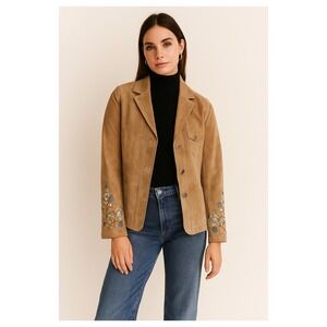 J. Jill Suede Leather Jacket M Petite Tan Embroidered Floral Coattagecore Boho